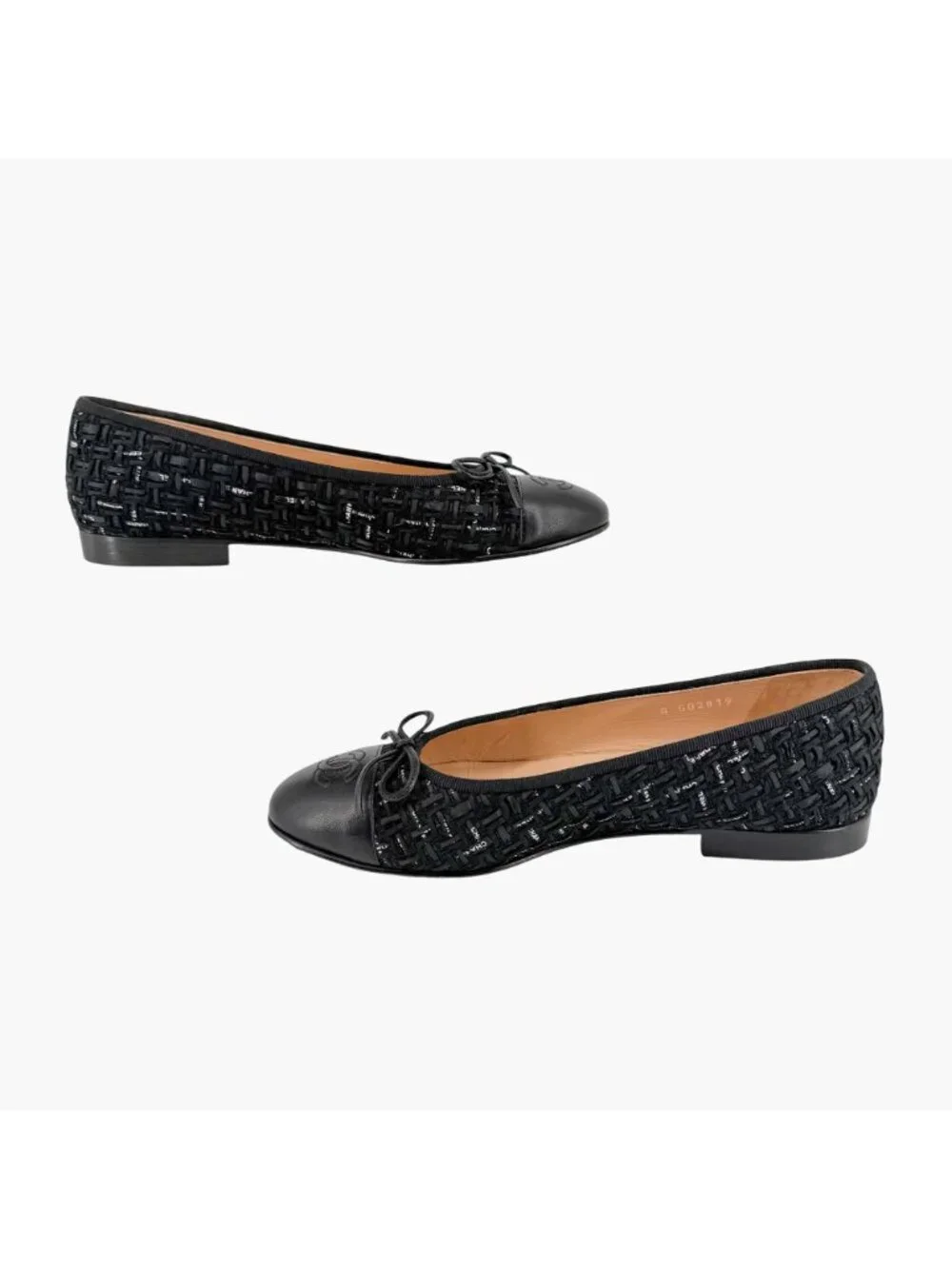 Chanel CC Cap Toe Logo Tweed Ballet Flats Black Leather Size 37 US 6-6.5 Women's - Picture 10 of 15